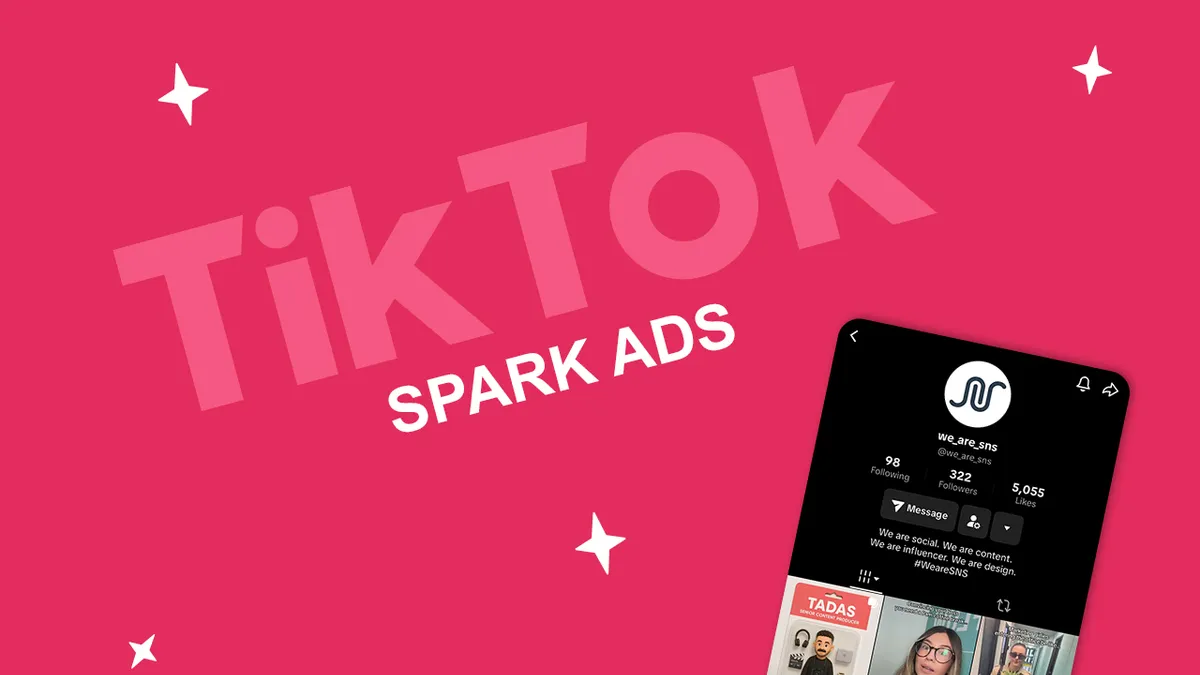 A blog graphic with 22 Tik Tok Spark Ads22 text and an illustration of a Tik Tok profile page set against a pink background with star accents