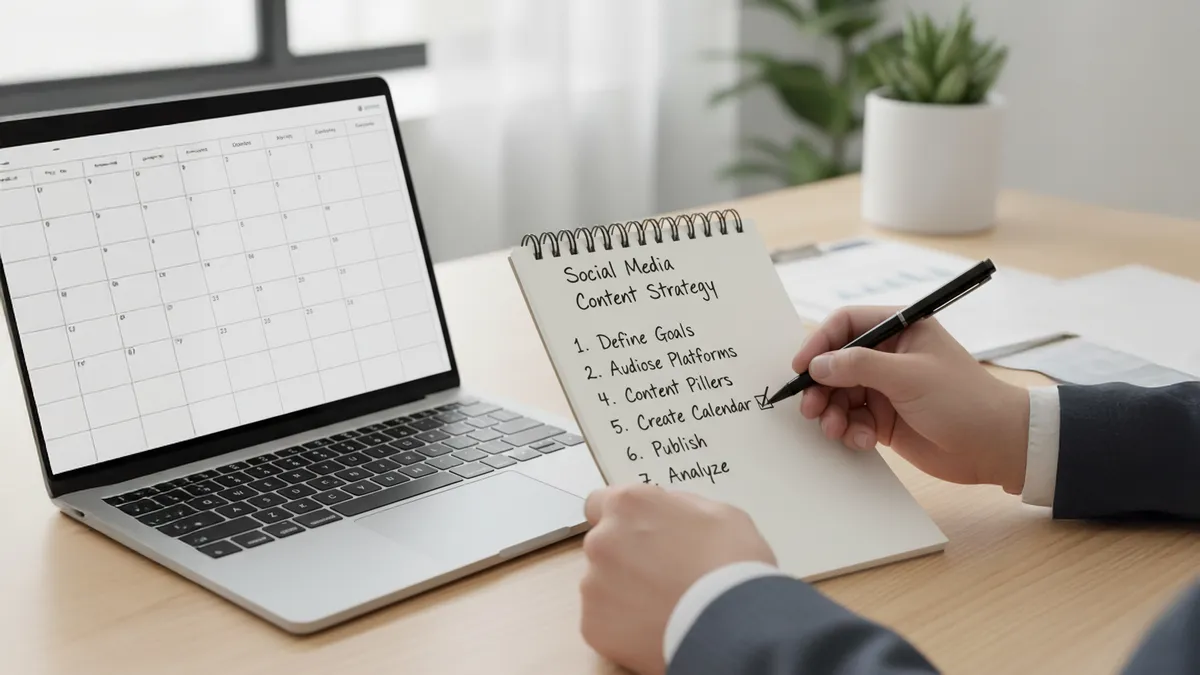 A person creating a 22 Social Media Content Strategy22 checklist on a notepad next to a laptop displaying a calendar
