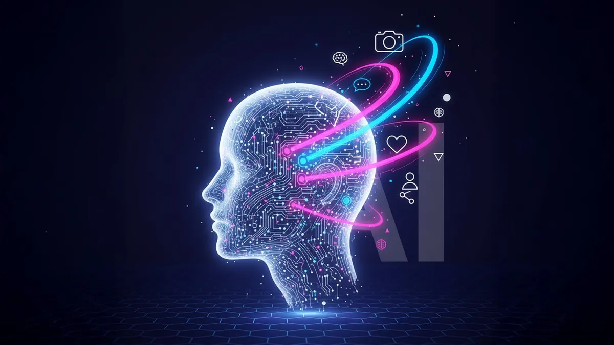 An illuminated circuit board like human head with glowing lines and social media icons symbolizing AI in influencer marketing