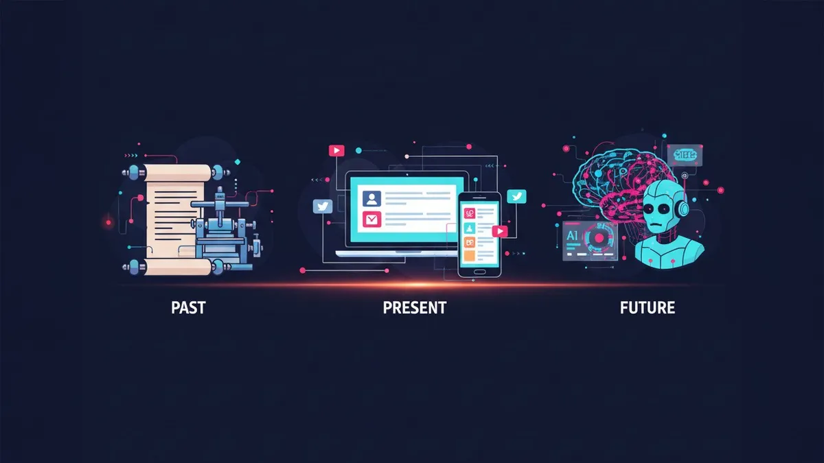 An illustration depicting the 22 Evolution of Content Marketing22 from ancient scrolls to modern digital and futuristic AI on a dark background