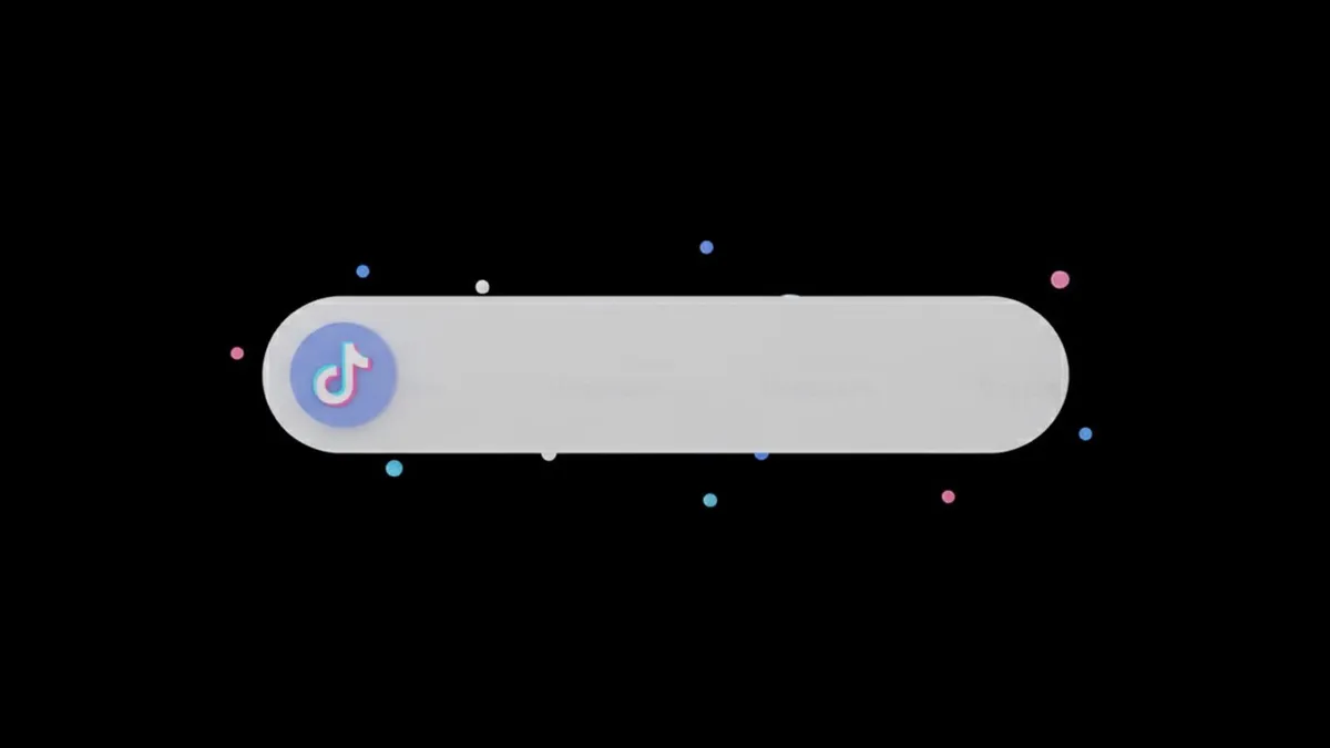 An illustration of a Tik Tok search bar with the logo set against a black background with brand colored dots