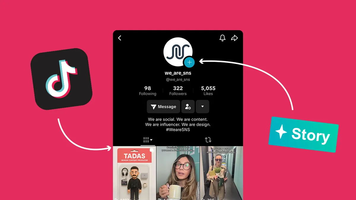 An illustration showing the Tik Tok logo a Tik Tok profile page for we are sns with a 22 Story22 button and engagement metrics all against a vibrant pink background
