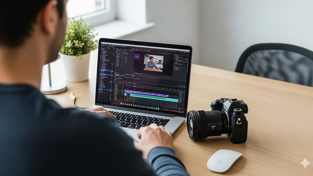 Content team memeber editing video using premier pro