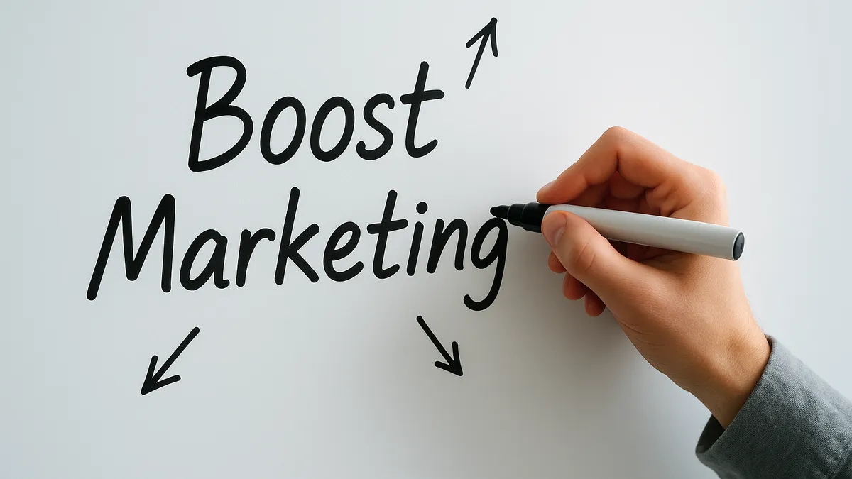 White board written message of boosting marketing
